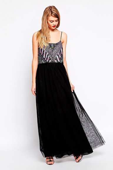 VESTIDO LARGO NEGRO ALTO ASTRAL TOP BORDADO EN PEDRERIA FALDA TUL MATRIMONIO FIESTA - 1