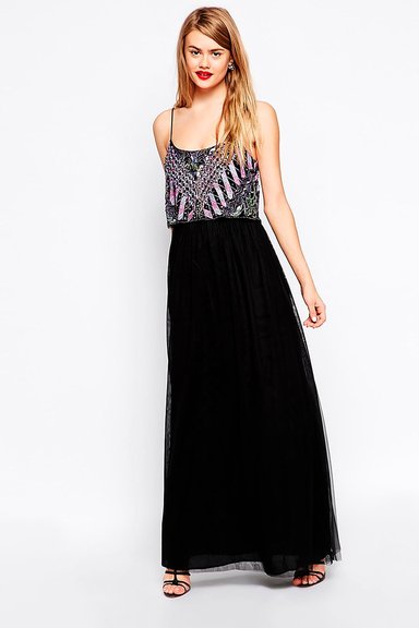 VESTIDO LARGO NEGRO ALTO ASTRAL TOP BORDADO EN PEDRERIA FALDA TUL MATRIMONIO FIESTA - 2