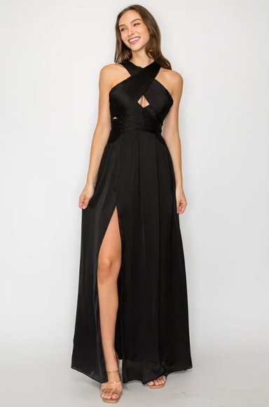 VESTIDO LARGO NEGRO ALTO ASTRAL EN CREPE SATIN DRAPEADO FIESTA INVITADA GRADUACION - 1