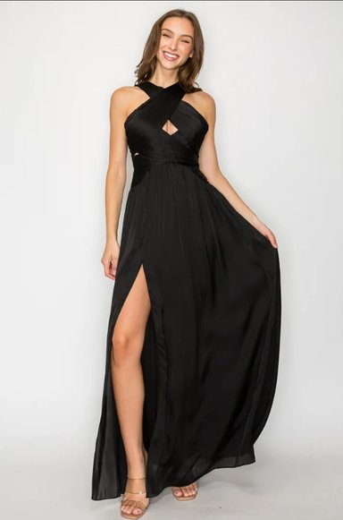 VESTIDO LARGO NEGRO ALTO ASTRAL EN CREPE SATIN DRAPEADO FIESTA INVITADA GRADUACION - 2