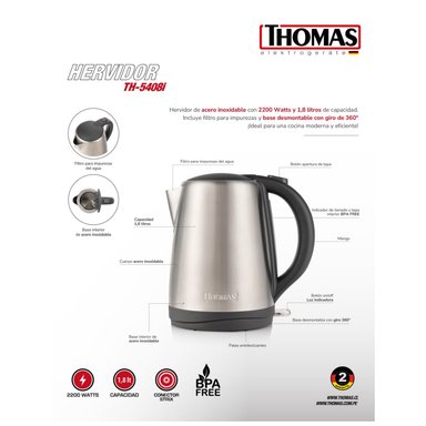 HERVIDOR ELECTRICO 1800ML 2200W ACERO INOXIDABLE TH-5408I - 5