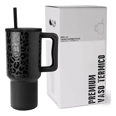 VASO TÉRMICO MUG, 900 LT, ACERO INOXIDABLE, NEGRO LEOPARDO - 1