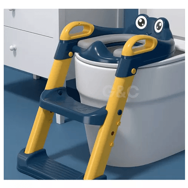 ASIENTO ENTRENADOR DE BAÑO CON ESCALERA Y AGARRADERA PARA NIÑOS, COLOR AZUL/EN COLOR AMARILLO - 1