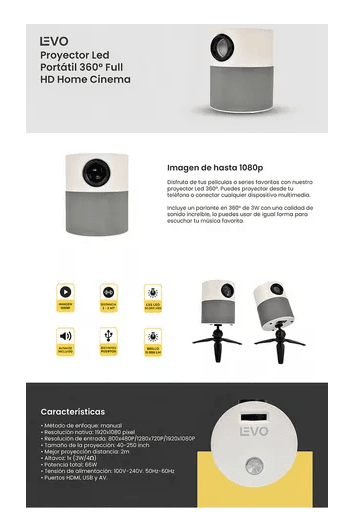 PROYECTOR LED PORTÁTIL 360º FULL HD HOME CINEMA LEVO EN COLOR BLANCO - 5
