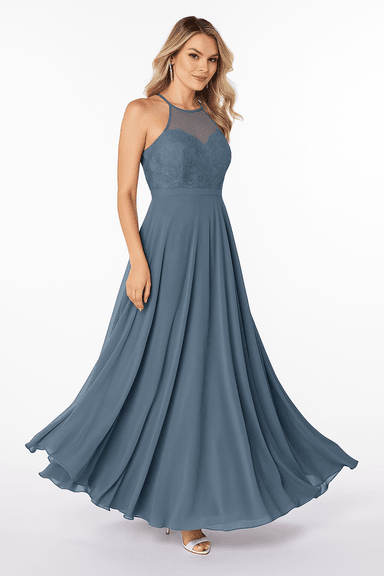 VESTIDO DE FIESTA MUJER ELEGANTE COLOR AZUL ACERO BODA CEREMONIA GALA - 1
