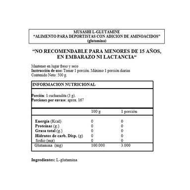 MUSASHI GLUTAMINA 3000MG L-GLUTAMINA MICRONIZADA PURA 350GR - 5