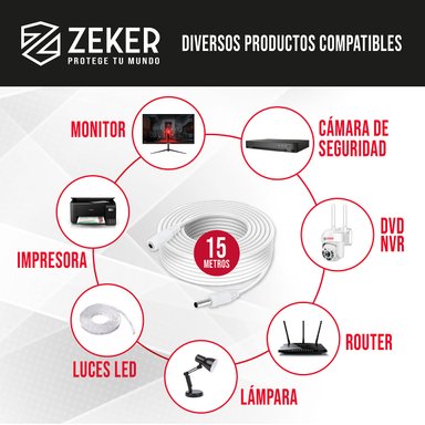 CABLE CAMARA SEGURIDAD ZEKER EXTENSOR UNIVERSAL 15 MTS 12V - 3