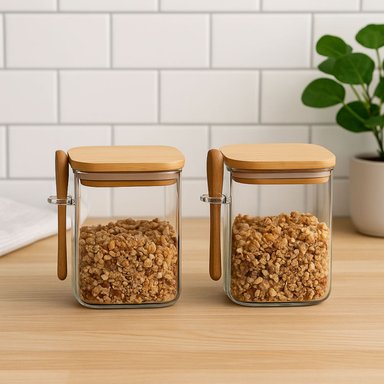 SET 2 FRASCOS CONTENEDORES 570ML 10CM CUADRADO CUCHARA BAMBÚ - 2