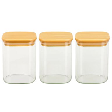 SET 3 FRASCOS HERMETICOS CUADRADO 900ML VIDRIO 10CM TAPA BAMBÚ - 1