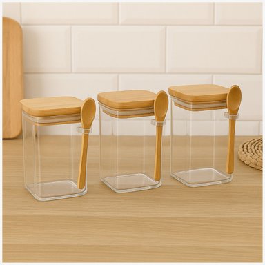 SET 3 FRASCO CONTENEDOR 1400ML 15CM CUADRADO CUCHARA BAMBÚ - 1