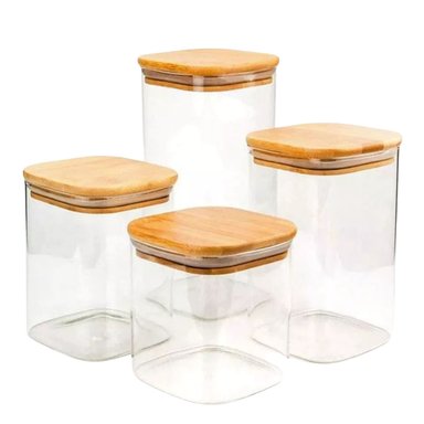 SET 4 FRASCOS TARRO HERMETICO CUADRADO VIDRIO TAPA BAMBÚ - 1