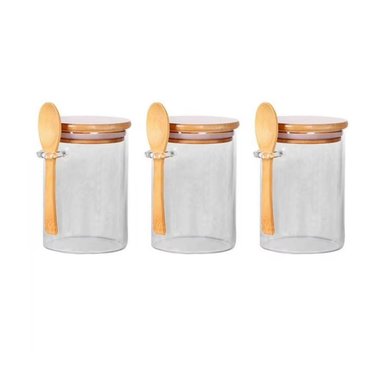 SET 3 FRASCOS HERMETICOS 700ML 10CM REDONDO CUCHARA TAPA BAMBÚ - 1