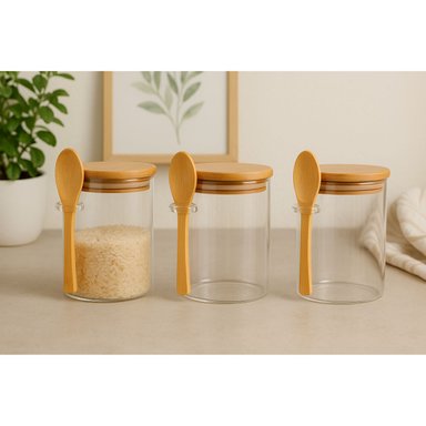 SET 3 FRASCOS HERMETICOS 700ML 10CM REDONDO CUCHARA TAPA BAMBÚ - 3