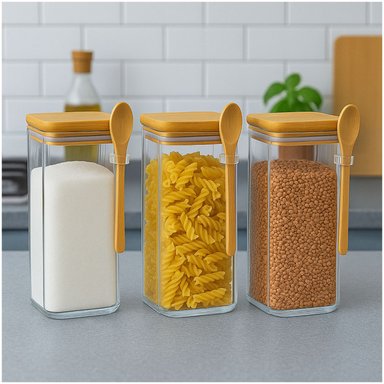 SET 3 FRASCOS CONTENEDORES 900ML VIDRIO 15CM CUADRADO CUCHARA - 3
