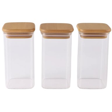 SET 3 FRASCO HERMETICO 700ML VIDRIO CUADRADO 12CM BAMBU - 1