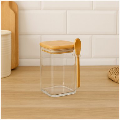 FRASCO CONTENEDOR VIDRIO 1400ML 15CM CUADRADO CUCHARA BAMBÚ - 1