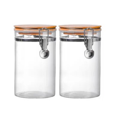 SET 2 FRASCOS TARRO HERMETICO VIDRIO 350ML CON TAPA DE BAMBU - 1