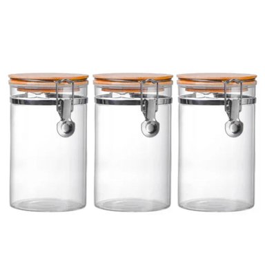 SET 3 FRASCOS TARRO HERMETICO VIDRIO 350ML CON TAPA DE BAMBU - 1