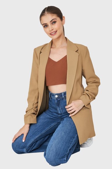 BLAZER LARGO MANGA DRAPEADA KHAKI NICOPOLY - 1