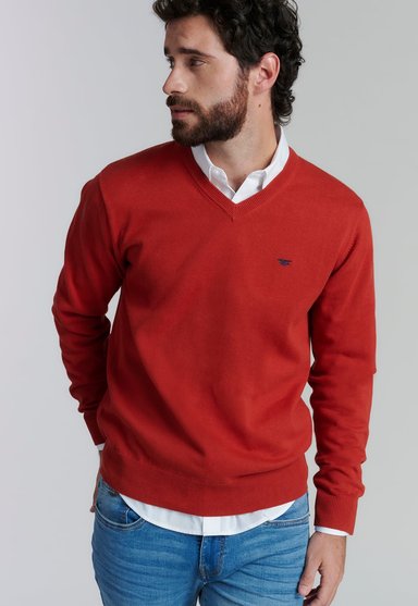 SWEATER ALGODÓN HOMBRE FEROUCH ROJO V NECK SOLIDO F SMART CASUAL BRICK - 5
