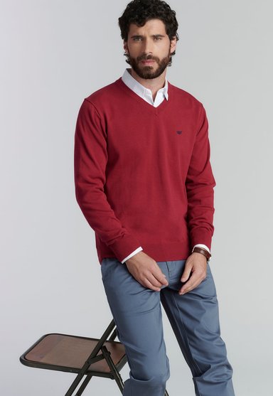 SWEATER ALGODÓN HOMBRE FEROUCH ROJO V NECK SOLIDO F SMART CASUAL BURGUNDY - 5