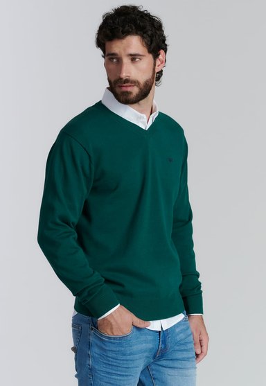 SWEATER ALGODÓN HOMBRE FEROUCH CAFÉ V NECK SOLIDO F SMART CASUAL FOREST - 1