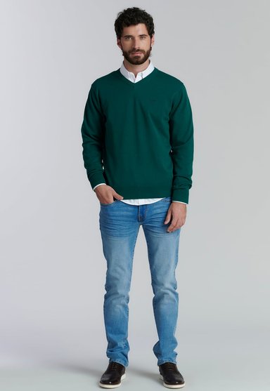 SWEATER ALGODÓN HOMBRE FEROUCH CAFÉ V NECK SOLIDO F SMART CASUAL FOREST - 2