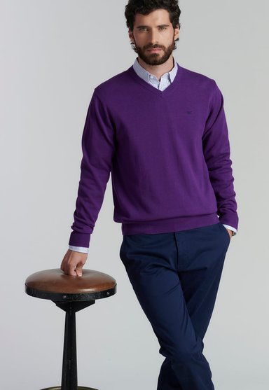 SWEATER ALGODÓN HOMBRE FEROUCH MORADO V NECK SOLIDO F SMART CASUAL DK VIOLET - 5