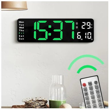 RELOJ DIGITAL DE PARED CON CALENDARIO Y CONTROL REMOTO VERDE - 1