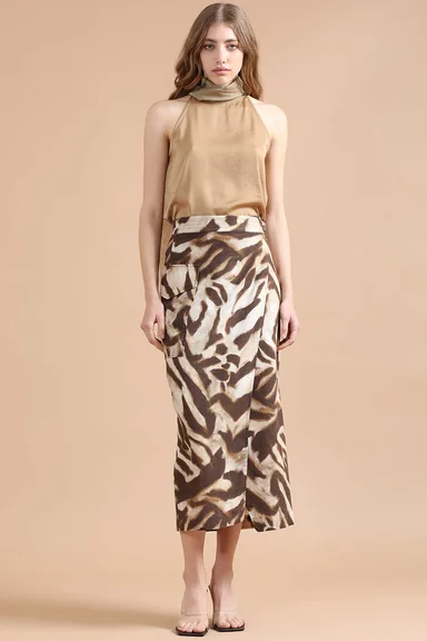 FALDA LINO MUJER LIOLA CAFÉ MIDI CON ANIMAL PRINT - 1