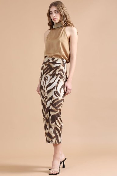 FALDA LINO MUJER LIOLA CAFÉ MIDI CON ANIMAL PRINT - 2