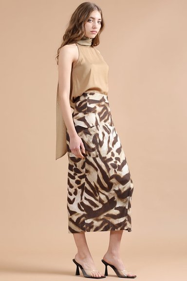 FALDA LINO MUJER LIOLA CAFÉ MIDI CON ANIMAL PRINT - 4