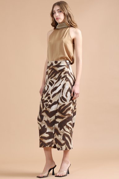 FALDA LINO MUJER LIOLA CAFÉ MIDI CON ANIMAL PRINT - 5
