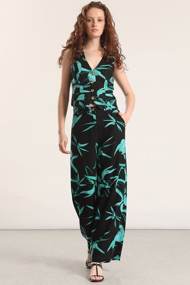 PANTALON ANCHO LINO ESTAMPADO LIOLA MUJER NEGRO - 1