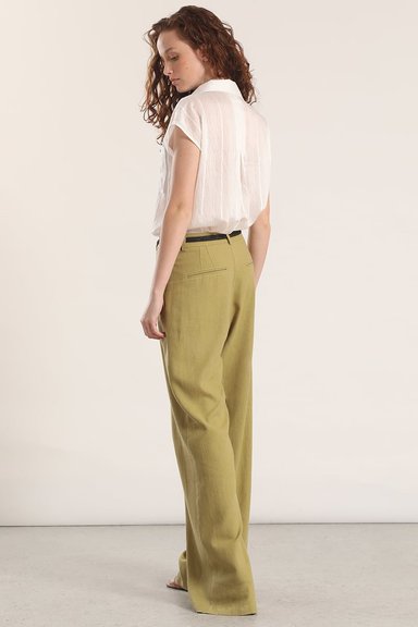 PANTALON ANCHO CINTURON LINO LIOLA MUJER VERDE - 5