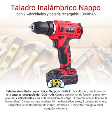 TALADRO INALAMBRICO NAPPO 2 VELOCIDADES CON ACCESORIOS - 2