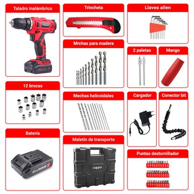 TALADRO INALAMBRICO NAPPO 2 VELOCIDADES CON ACCESORIOS - 4