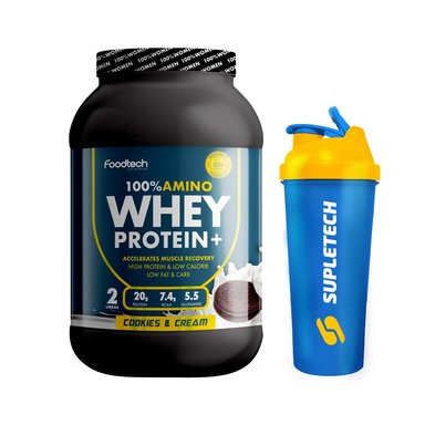 100% AMINO WHEY PROTEIN 2 LB -FOODTECH COOKIESCREAM+SHAKER BLUE - 1