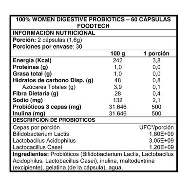 SUPLEMENTO ALIMENTICIO FOODTECH 100% WOMEN DIGESTIVE PROBIOTICS 60 CAPS - 2