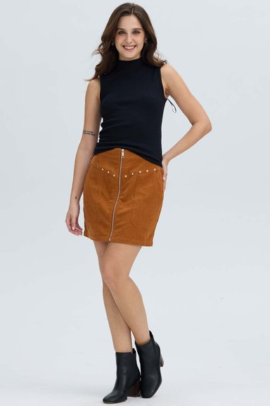 FALDA MUJER COTELÉ CIERRE DELANTERO CAMEL OSCURO - 1