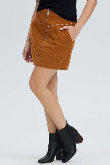 FALDA MUJER COTELÉ CIERRE DELANTERO CAMEL OSCURO - 3
