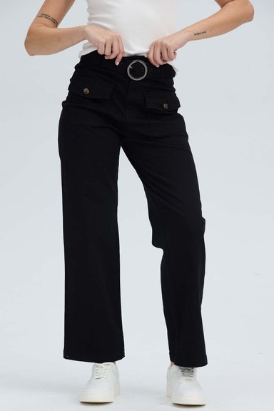 PANTALÓN MUJER CON CINTURÓN Y BOLSILLOS EN COLOR NEGRO - 1