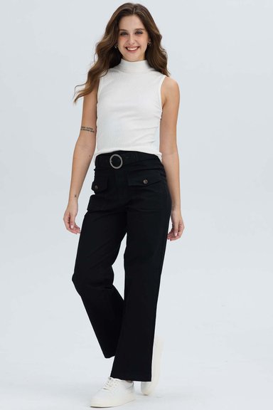 PANTALÓN MUJER CON CINTURÓN Y BOLSILLOS EN COLOR NEGRO - 4