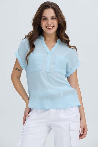 BLUSA MUJER DOBLADILLO EN MANGA CELESTE CLARO - 2