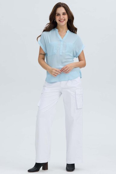 BLUSA MUJER DOBLADILLO EN MANGA CELESTE CLARO - 4