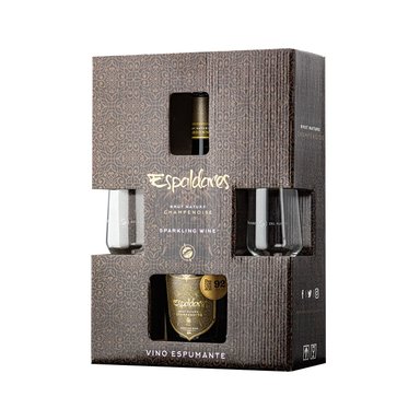 PACK VINO ESPUMANTE ESPALDARES CHARDONNAY BRUT NATURE + DOS COPAS DE CRISTAL, METODO TRADICIONAL CHAMPENOISSE - 1