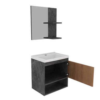 KIT MUEBLE BAÑO AEREO CON 1 PUERTA MARMOL LUNAR/ALMENDRA+ ESPEJO CON DOS REPISAS - 2