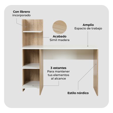 ESCRITORIO CON LIBRERO TOP LIVING MAPLE NÓRDICO ESTANTES - 5