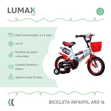 BICICLETA ARO 16 INFANTIL LUMAX ROJO CON RUEDITAS - 3