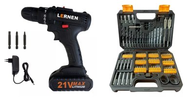 PACK LERNEN TIEC TALADRO INALAMBRICO 21 V + SET DE 99 BROCAS - 1